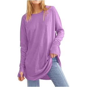 2024 new Women's Clothing New European Tops Tees Solid Color Loose Round Neck Long Sleeve Thumb T-shirt Top for Women T-Shirts