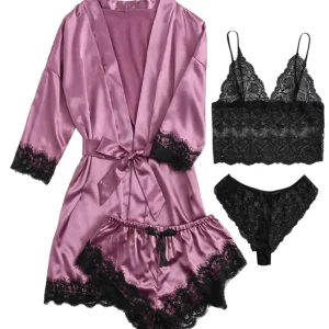 new Women's Sleep Lounge New Pajama Sets European American 4-piece set with lace satin suspender summer set for sleeping pajamas